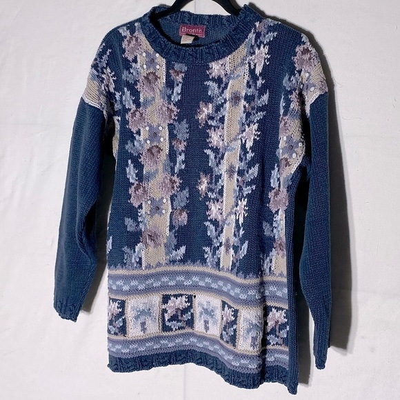 Vintage Brontë Knitted By Hand Ramie Cotton Floral Crew Neck Sweater S - Picture 2 of 11